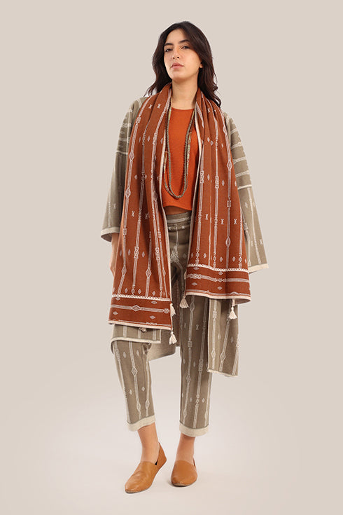 Embroidered striped shawl with tassels